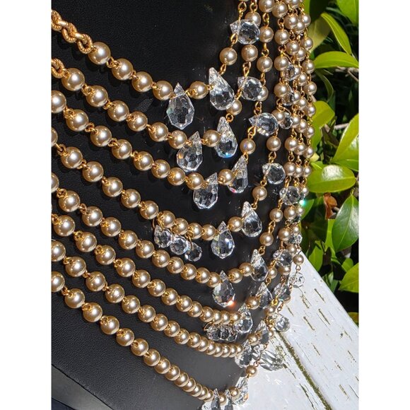 Miriam Haskell 8 Tiered Crystal Gold Pearl Runway Showroom Statement Necklace - Picture 11 of 16